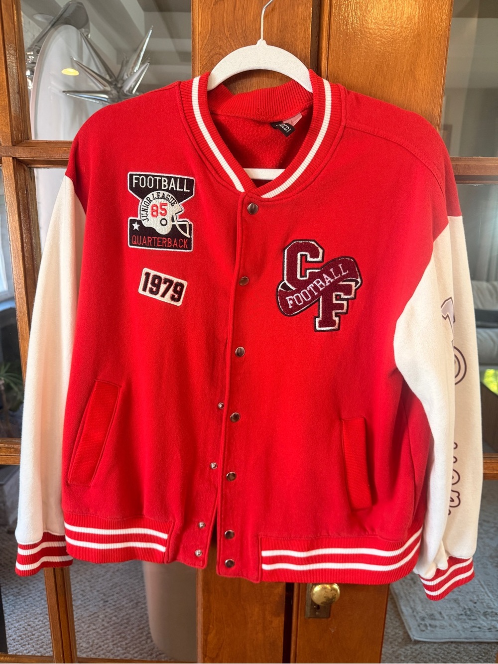 Divided Red and White Varsity Football Jacket